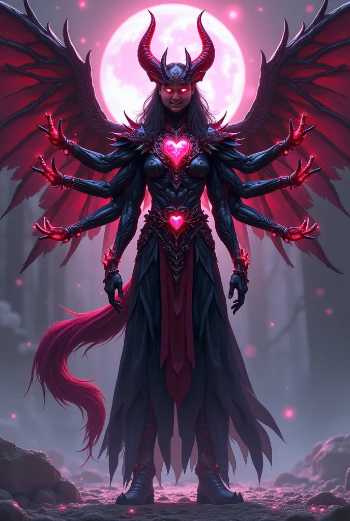 God called Gadiel with 7 fox tails and six arms a tail of munder drones mask half red half black with a black demon horn and one red horn black hair long pants with a heart with a pink gem and the gems of infinity with veins of the color of gems a ring of ...