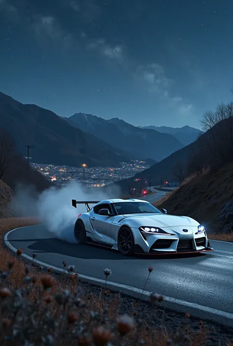 A white Toyota Supra car, with a personalized bodykit from LibertWalker, drift through a sinuous curve in the mountain. The Supra's engine snores loudly while the rear tire releases smoke, leaving a trail of black smoke in the air. The night sky is starry ...