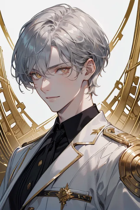 a portrait of a Handsome, young man, pale skin, short silver hair, and gold eyes. slim muscular built swordman. Simple but unsettling aura. wearing a white high-collared, form-fitting under suit, black with faint traces of silver circuitry woven into the s...