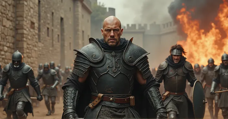  a group of armored warriors, led by a muscular, bald man in black armor with a stern expression, charge forward amidst a chaotic battle. The background is filled with flames and smoke, indicating ongoing violence. The stone walls of a medieval fortress lo...