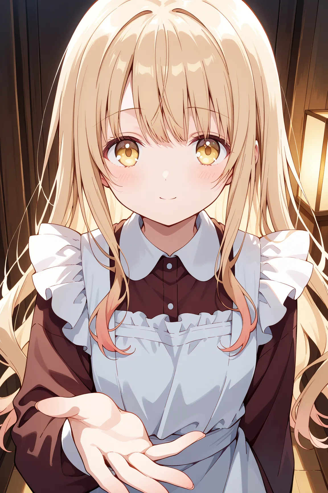 masterpiece,best quality,mahiru shiina, bangs, blonde hair, brown hair, yellow eyes,long hair,1 man、Touch your chest under your apron, put your hand inside your apron