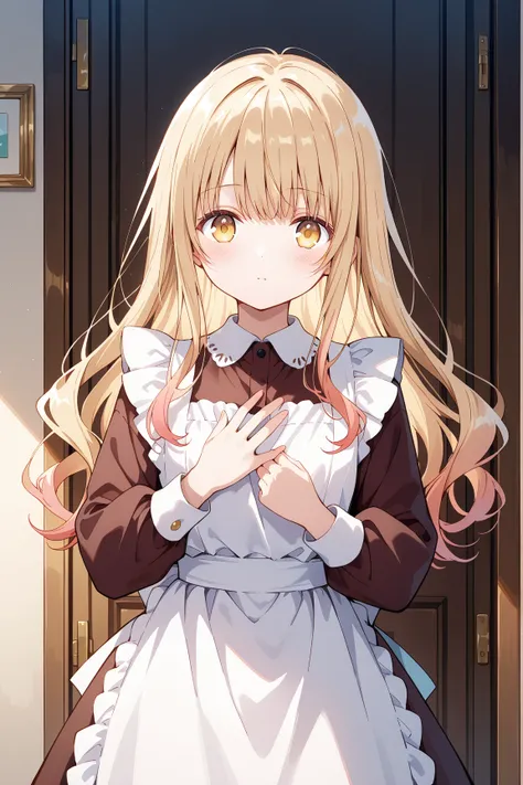 masterpiece,best quality,mahiru shiina, bangs, blonde hair, brown hair, yellow eyes,long hair,1 man、Touch your chest under your apron, put your hand inside your apron