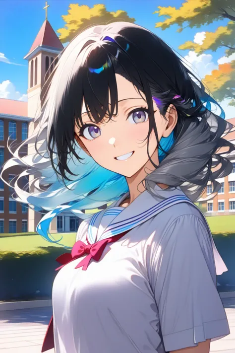 hellow 

BREAK 24k quality, absurdres, masterpiece, (anime style:1.5), (vivid color:1.4), (colorful:1.4)

BREAK a school girl, (black medium hair), (adjusted hair:1.6) (gray eyes), (sacred face:1.4), (graceful smile), (perfectly detailed face:1.2), high sc...