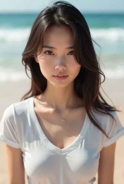 ((masterpiece)), ((Best Quality)), (portrait of a beautiful girl),(Best quality, High resolution, Masterpiece :1.3), A pretty woman, Slender figure, Dark brown hair, T-shirt, (Sandy beach with gentle waves), Highly detailed face and skin texture, Detailed ...