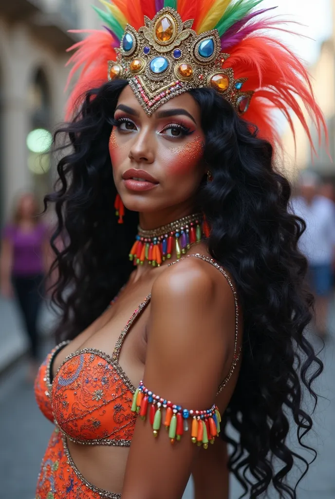 
A BEAUTIFUL WOMAN AT CARNIVAL WITH LONG BLACK CURLY HAIR , black eyes ,She wears a headpiece with colored rhinestone details and colored feathers,She is wearing costume clothes she is in fashion nude and neon colors and with party glitters , and wearing h...