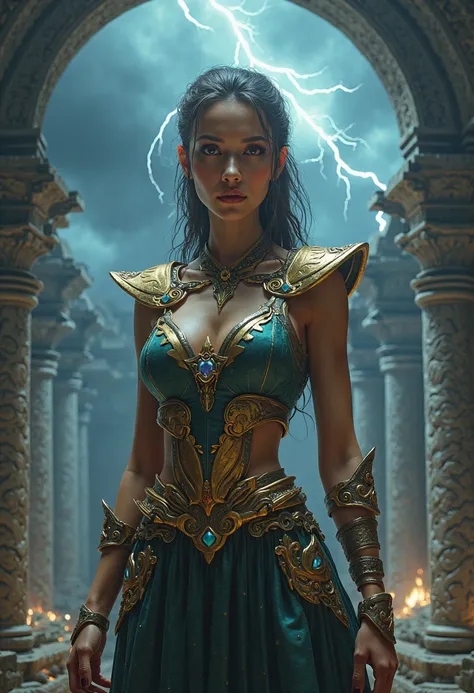 a sexy goddess who controls thunder, detailed face features, elegant posture, powerful expression, dramatic action, 8k, highly detailed, photorealistic, dramatic lighting, dark storm clouds, crackling electricity, ancient temple, moody atmosphere, digital ...