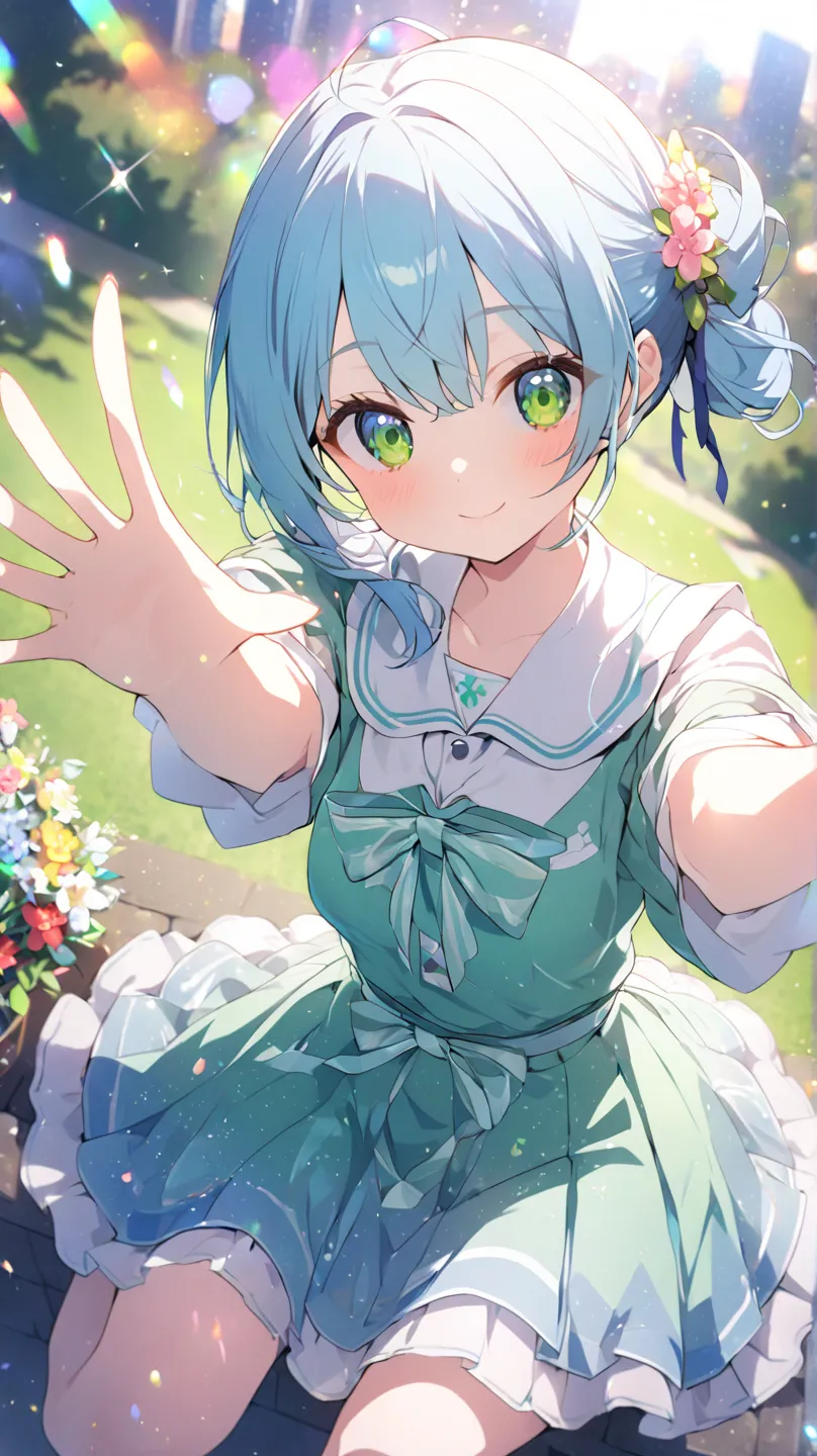 1 girl, green空、tree々、Park lawn、flower、greenい目, green/light blue hair tied at the top、sit、 flared skirt seen from below、Accessory, from above、Wide angleショット, Wide angle, Dutch Angle, glitter effect, blurred background, lens flare, 