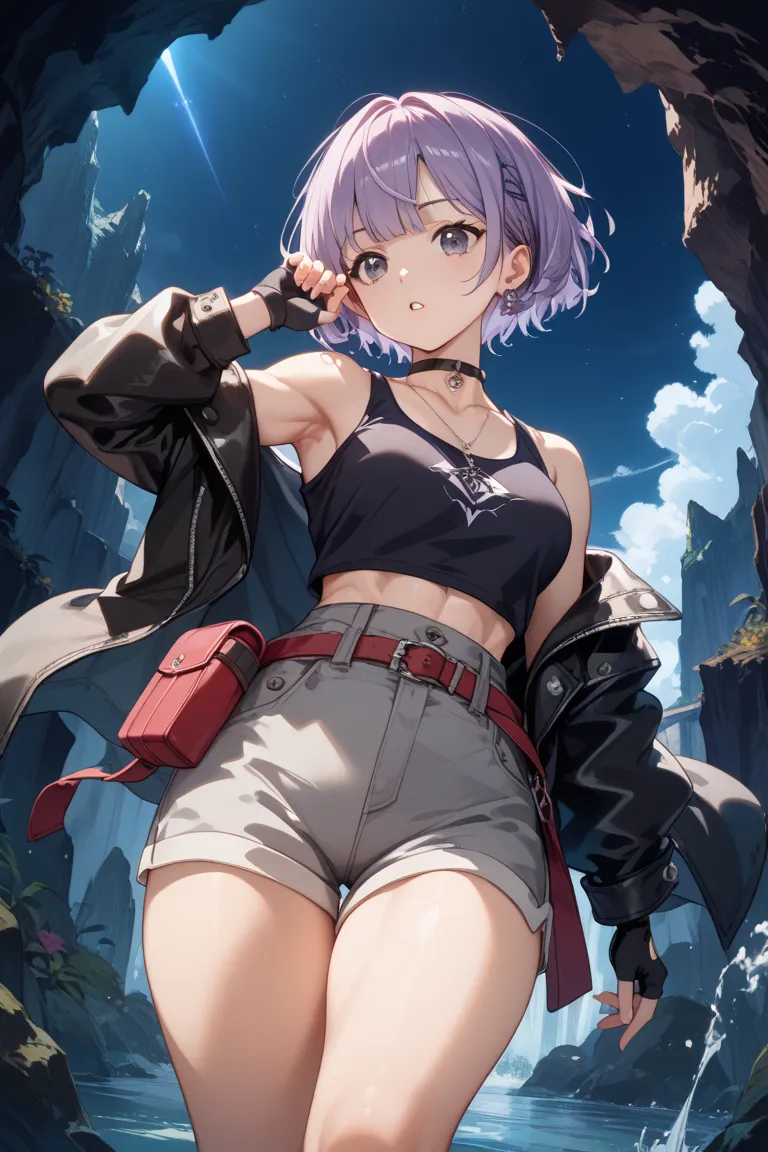 (masterpiece、high image quality、High Resolution:1.2)、 Dark Cave:3、from behind:1.4、Walk away from here、purple short hair、black tank top、leather jacket、waist pouch、Fingerless Glove、Grey Shorts、dark eyes with big eyes、petite and toned body、 muscular legs、nigh...