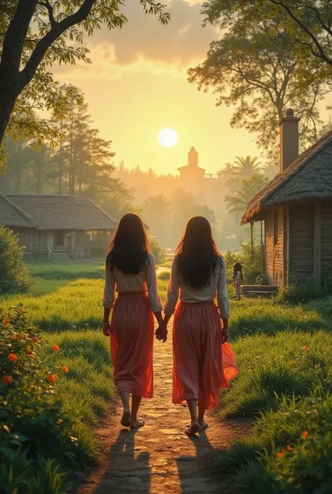 A peaceful village at dawn. The camera pans across the fields and the modest homes. A gentle breeze rustles the trees. In the distance, two sisters, Kavya and Priya, walk towards the temple.