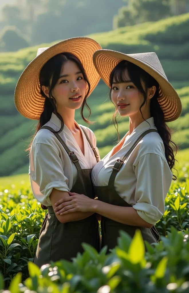 Transcendental Beauty Workers Doing Tea Picking Work in Shizuoka Tea Plantations、Wearing a straw hat and wearing a worker's costume、Slender Curvy、Big Breasts、cowboy shot、smile、(((Greatest Masterpiece、4K、8k)、Super Sanctions))