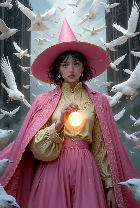 (photorealism:1.2), (best quality,4k,8k,highres,masterpiece:1.2),ultra-detailed,(realistic,photorealistic,photo-realistic:1.37),a wizard girl, wearing rich pink wizard outfit, standing, an unusual number of flying whites crows covering everywhere dynamical...