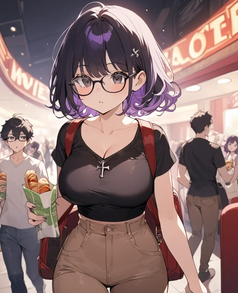 A 19 year old girl, short black hair and purple locks, black glasses and black eyes , high, hourglass bodies, thin waist, big breasts. Wearing a black crop top blouse with an open V-neck , brown jeans and a black cross backpack, walking around a movie thea...