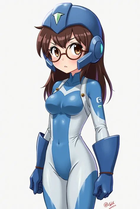 My hero academia style oc. Petite with straight dark brown hair that goes past shoulders, metal brown round glasses. Brown eyes Hero outfit is form fitting with the colors light blue and white. Large blue gauntlets like MegaMan. Helmet similar to Sari's fr...