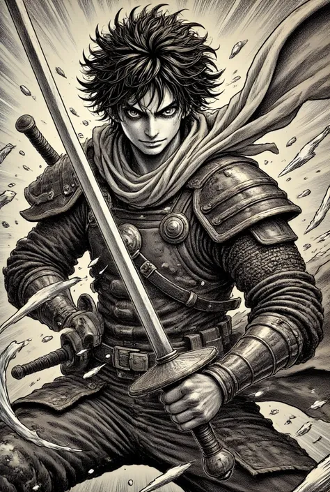 Manga Timothée Chalamet, being hit by sword, Medieval warrior, Perfect centering, rabbit (franco) by Donnie, standing position, abstract beauty, centered, Looking at camera, , approaching perfection, sad, despair, full body, dynamic, highly detailed, smoot...