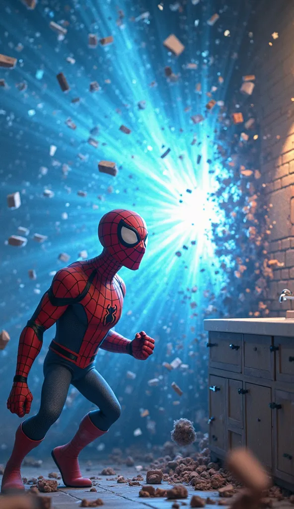 "A Disney/Pixar 3D animation-style scene capturing the impact of Goku's Kamehameha, which grazes Spider-Man and causes massive destruction in the bathroom. The blue energy beam glows brightly as it passes through the scene, generating shockwaves and partic...