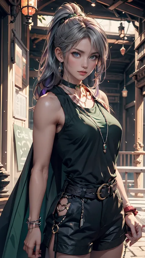 Maruchina,purple eyes,  purple hair, very long hair, ponytail, hair crunch,  green choker,  o-ring top, tank top outside of anime, sleeveless, waist cape, black shorts,  green belt,  Bbo~,fc portrait  、Silver chain accessory on the wrist、