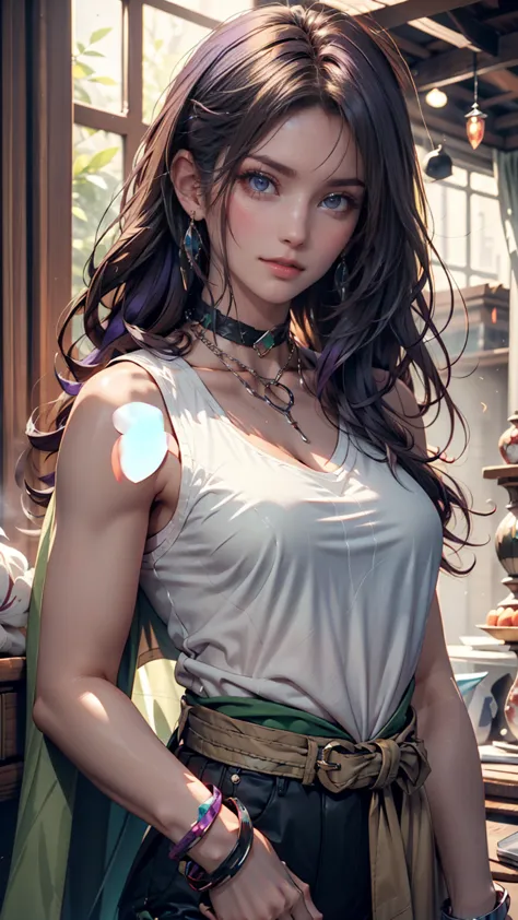 Maruchina,purple eyes,  purple hair, very long hair, ponytail, hair crunch,  green choker,  o-ring top, tank top outside of anime, sleeveless, waist cape, black shorts,  green belt,  Bbo~,fc portrait  、Silver chain accessory on the wrist、