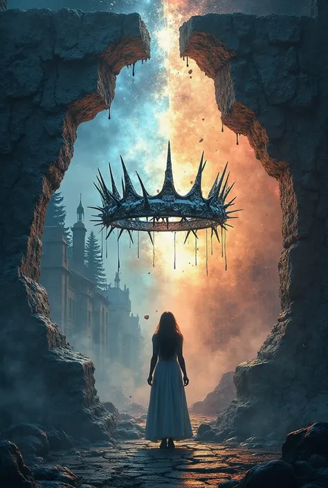 create a book cover of A cracked, glowing portal splitting the cover in two—one side showing modern Salem, the other revealing the hidden supernatural city.
A thorned crown floating in the center, its thorns dripping with glowing silver magic.
A shadowy fi...