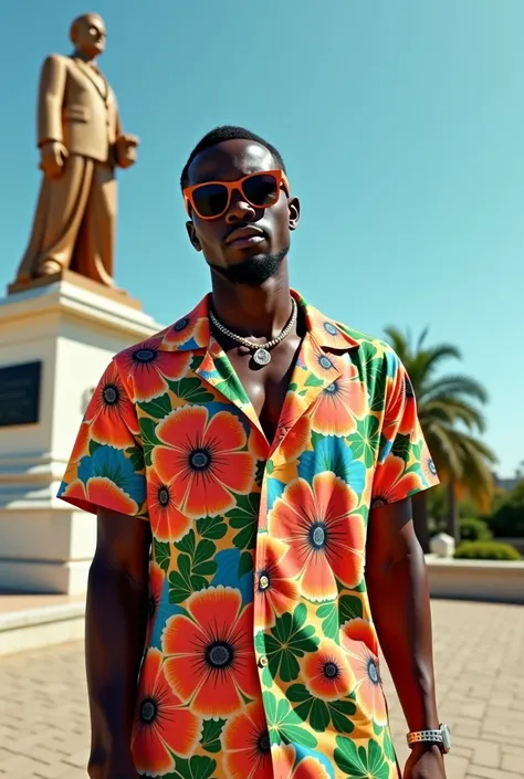 araffe man in a floral shirt and sunglasses standing in front of a statue, an album cover inspired by Ras Akyem, unsplash, visual art, full body!! maximalist details, adebanji alade, album art, around 1 , in style of davey adesida, taken in the early 2020s...