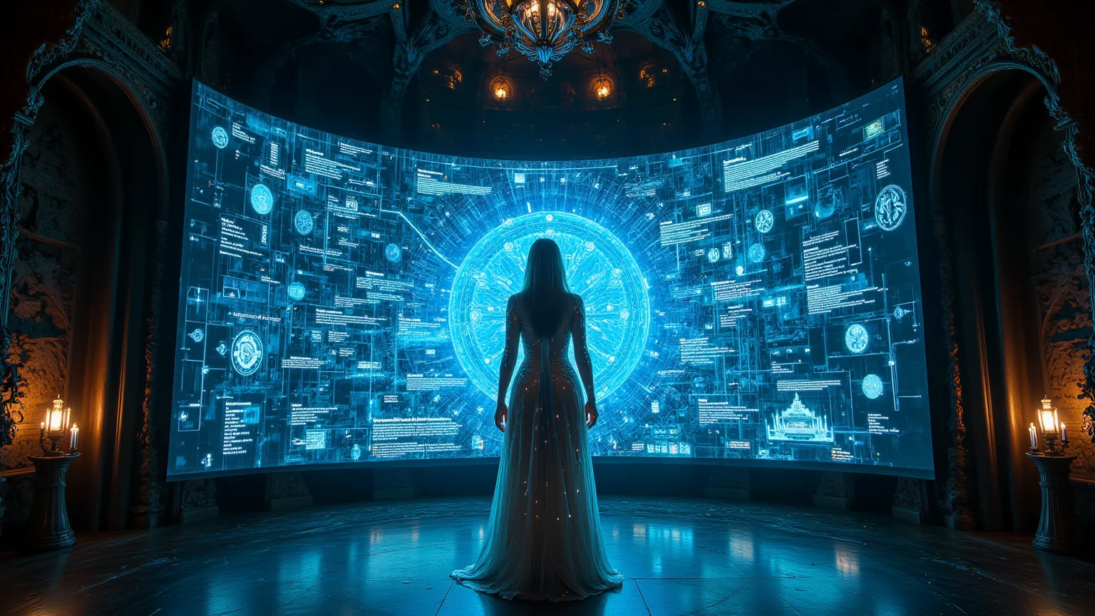 Techno-Temple Sanctuary
Deep within a hidden sanctuary, a woman with long, straight silver hair stands before a massive holographic projection of an ancient AI code. Dressed in a flowing, translucent robe lined with fiber-optic threads, she radiates an aur...