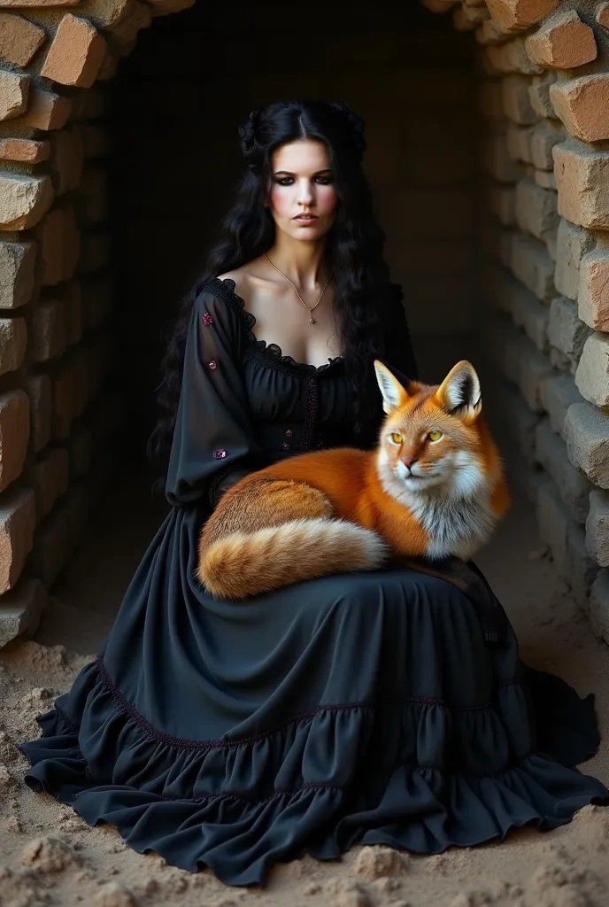  A woman, black hair, long and wavy ancient sickle,black dress with small dark purple details, ancient, of the period, black round skirt with black ruffles, Woman Sitting in a Pit, with a big beautiful fox on her lap, Fox looking forward