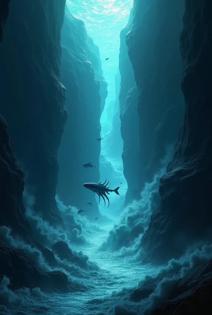 Generate an image of  A colossal underwater canyon, where an eerie glowing river snakes through the darkness. The river is thick, almost cloud-like, and moves with terrifying force, creating massive waves beneath the ocean. Strange, alien-like fish swim in...