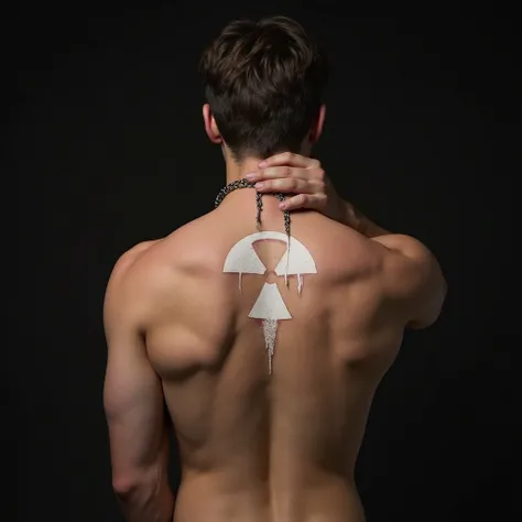 A man with his back, with well-defined back muscles.  He has short wavy hair , and your right hand rests on the back of your neck, holding a chain with a metal clasp. Your skin is clear and the soft lighting highlights the contours of your body.  The backg...