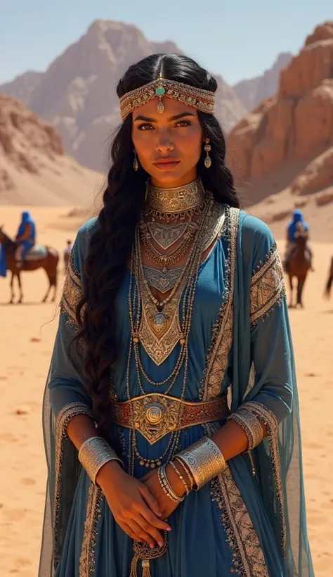 Imagine a regal Berber queen from the 4th or 5th century AD, embodying the legendary Tin Hinan, the revered mother of the Tuareg people and founder of their kingdom in the Hoggar Mountains. She stands tall with a commanding yet graceful presence, her deep ...