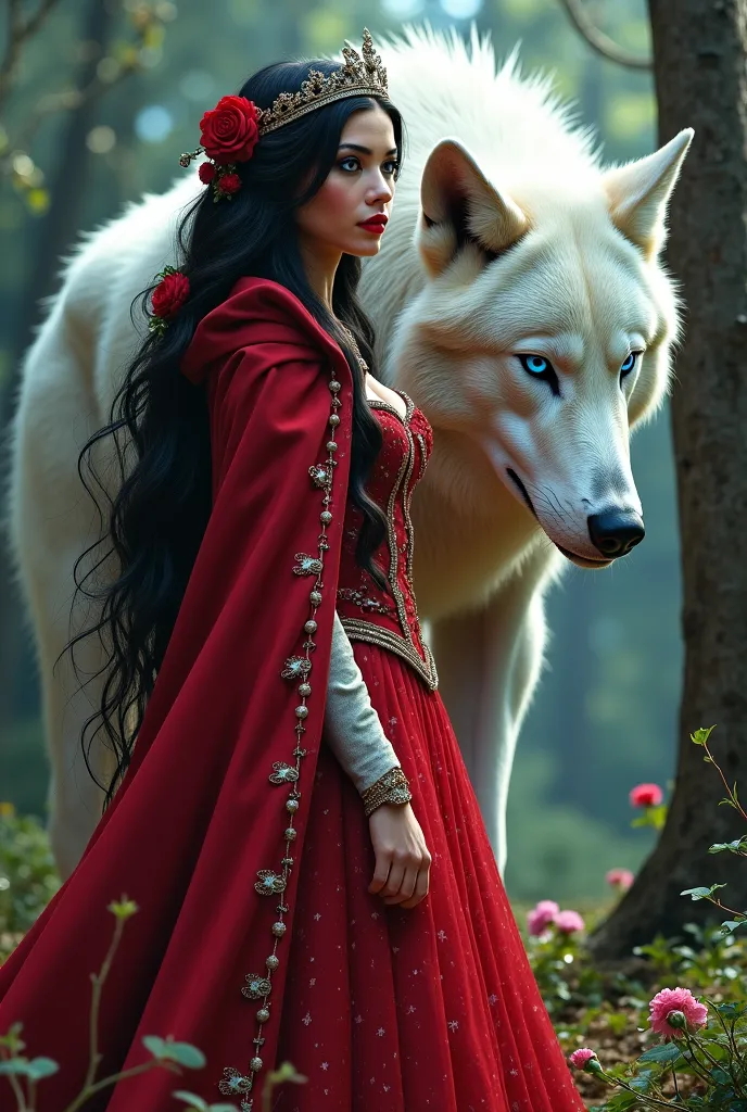 Create Little Red Riding Hood in a princess version with long dark hair,   red lips ,  is a beautiful forest , watching a muscular blue-eyed white werewolf 