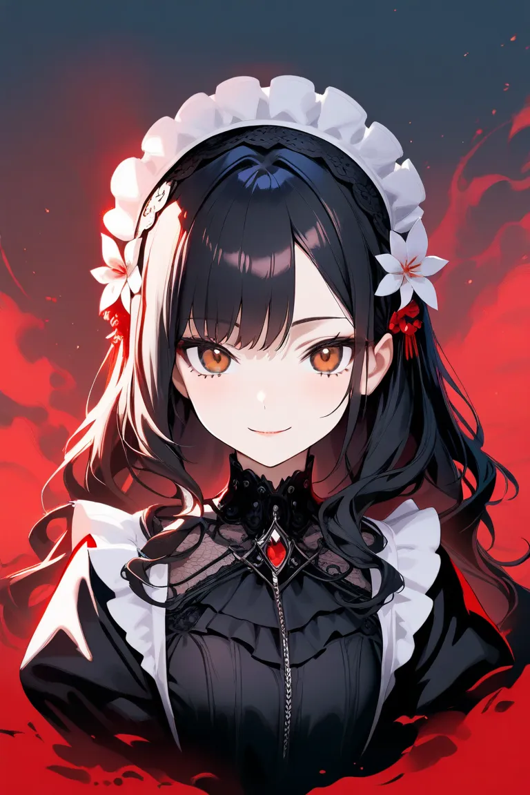 1girl, High Resolution, Looking at viewer, Gentle Smile, Black Hair, Bangs, Wavy Hair, Brown Eyes, Hair Flower, Maid Headdress, Gothic Make Up, Gothic Dress, Black Outfit, Sharp Eyes, Red Mist Background