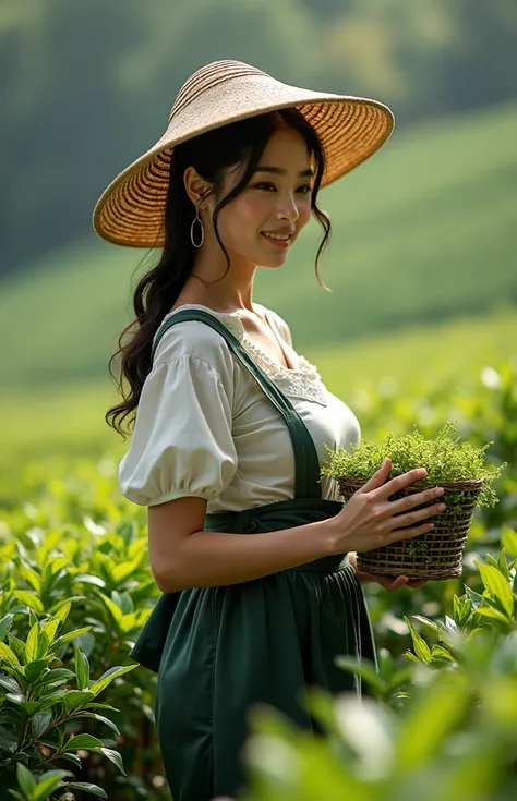 Transcendental Beauty Workers Doing Tea Picking Work in Shizuoka Tea Plantations、Carrying the wind on my back、An accurate drawing of very small Japanese tea leaves、is wearing a straw hat and a worker's costume、Slender Curvy、Big Breasts、cowboy shot、smile、((...