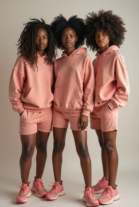 nfos sur la Tâche
Prompts
Trois jeunes Afro-Américains  de 27ans se tiennent côte à côte, habillés de manière identique : un ensemble streetwear moderne composé d’un bras cassé sweat à capuche sur la tête , d’un short slim très court et de claquettes roses...