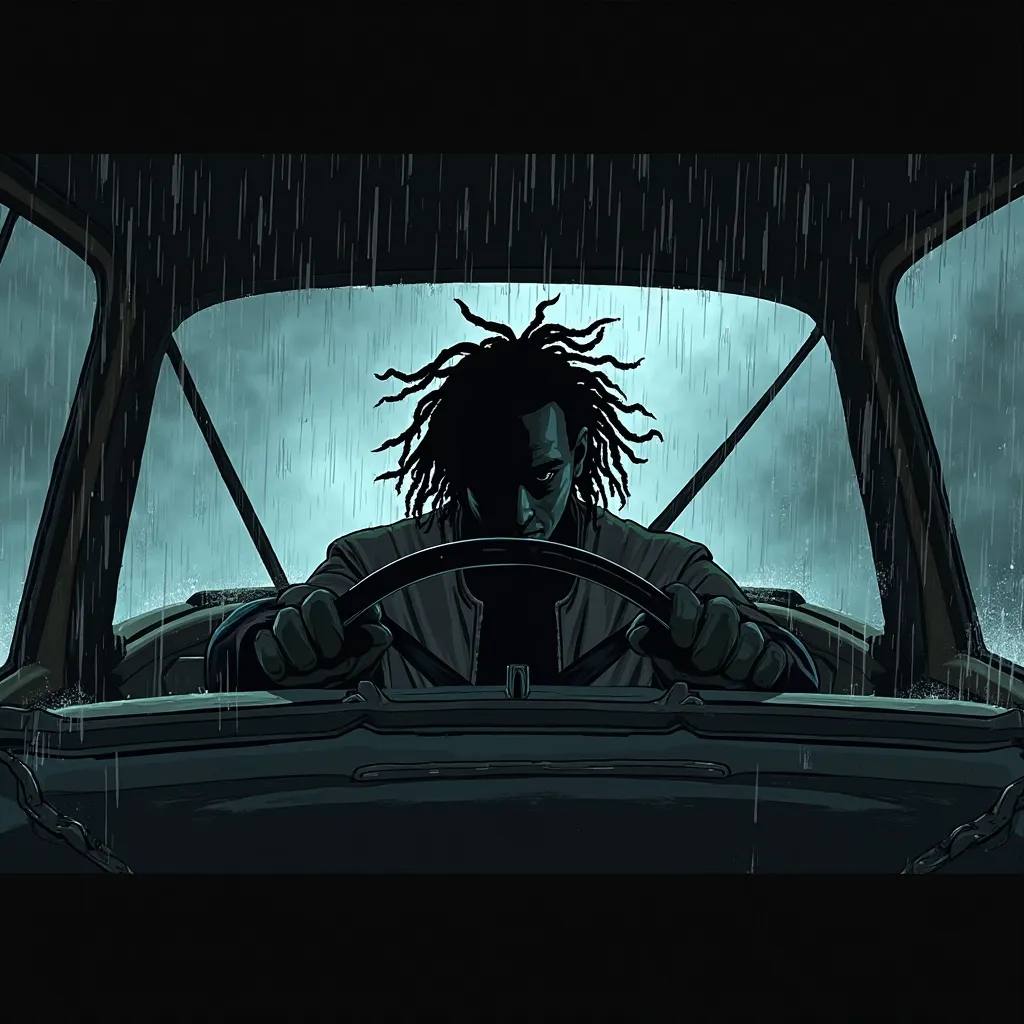 Shadow of a white man with dreadlocks driving a car in the rain horror comic book style