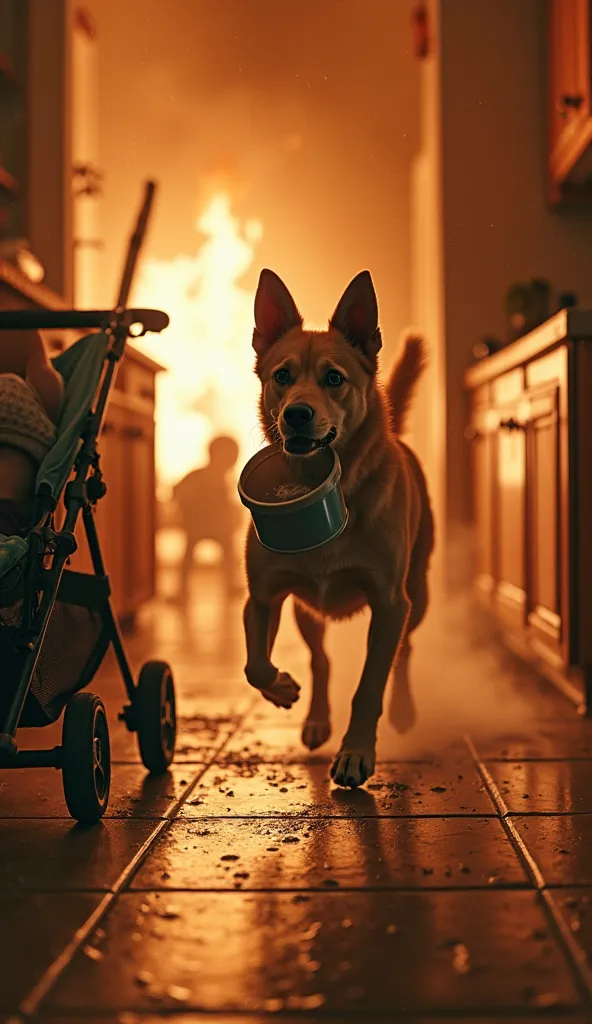 "The same brave dog rushing into the burning kitchen, carrying a bucket of water in its mouth, trying to put out the fire. The flames are spreading, and smoke fills the air. In the background, a baby is lying in a stroller near the fire, unaware of the dan...