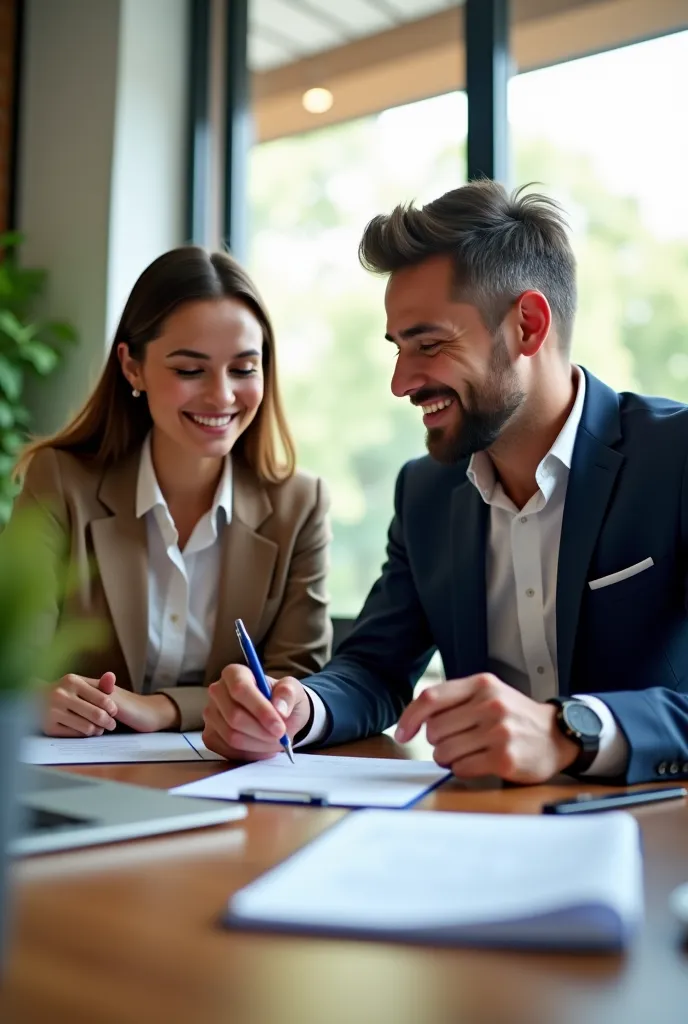 A young person signing an insurance contract at a desk, smiling confidently. A professional insurance agent is explaining the benefits. The atmosphere is bright and reassuring, emphasizing the importance of early insurance planning.