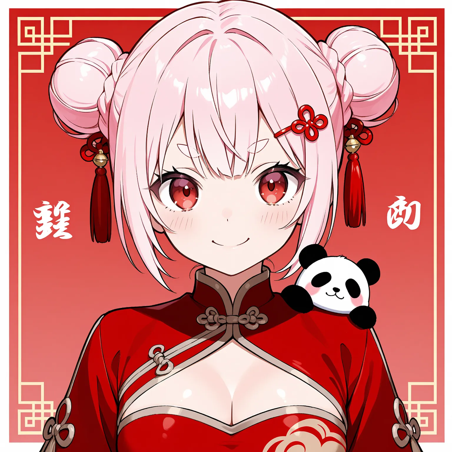  light pink hair、small bun hair 、half twin 、short hair、cut、 thin oval eyebrows  、panda face design hairpin、Red Chinese clothes that kill virgins、What is the brown trim on the shoulder、red eyes、front、bust up、fearless smile