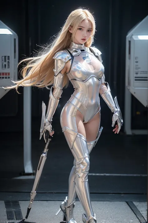 ((best quality, 8k, excellent performance: 1.3)), 1 girl (Cute Russian model Nata Lee), light blonde,  shiny skin , sharp, beauty of the perfect body, Realistic and perfect body, ("  bodysuit  ,transparent " :1.2), (machine armor gloves:1.2), ( mechanical ...