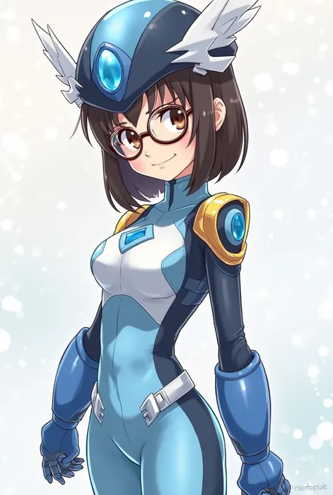 My hero academia art style. Petite with straight dark brown hair that goes a little past shoulders. No bangs, middle part. metal brown round glasses. Brown eyes Hero outfit is form fitting with the colors light blue and white. Large blue gauntlets like Meg...