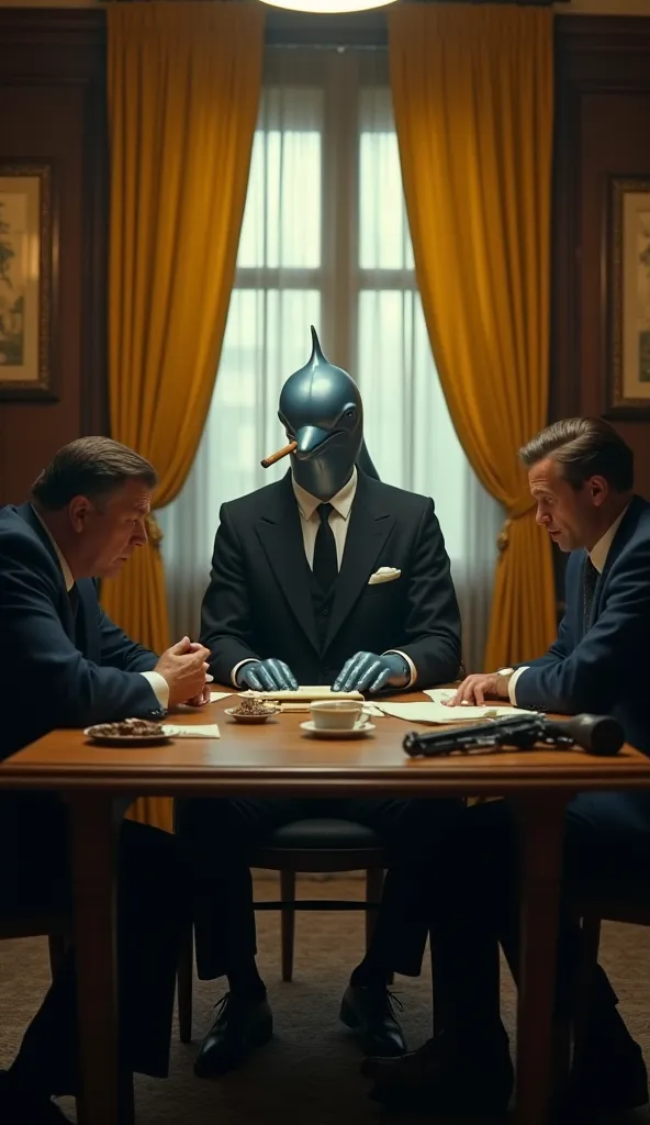 
A highly detailed cinematic 1960s mafia meeting scene, set in a dimly lit room. A tall, human-like dolphin (Unofficial symbol of Greece 🇬🇷) with smooth silver-blue skin sits at the center of a wooden table, dressed in a perfectly tailored black three-piec...