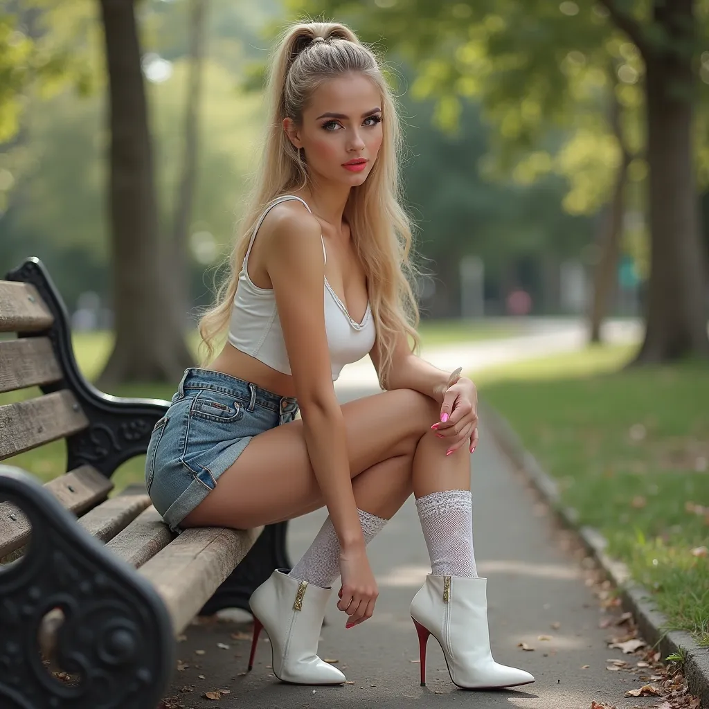  Imagem fotorRealistic  :   BLONDE WOMAN , honey eyes ,   medium-long hair   ,  golden and thin skin   ,   defined waist,    beautiful ******* girl,Posing in a city park kneeling on a park bench、Showing off her slender legs and beautiful high heels . She h...