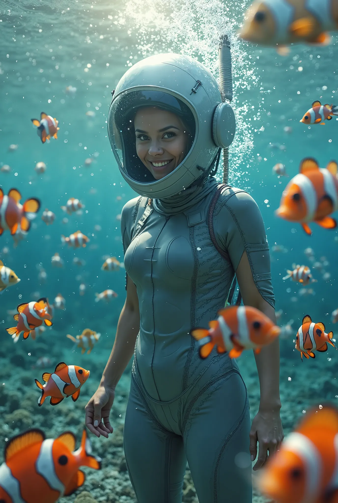 (masterpiece:1.2,Distinguished Quality,Mirror-like,Cinematic Experience),8k,wallpaper,,(A beautiful woman wearing a gray latex space body fit suit with oxygen tank for underwater exploration interacts with very beautiful Tropical fish clownfish of various ...