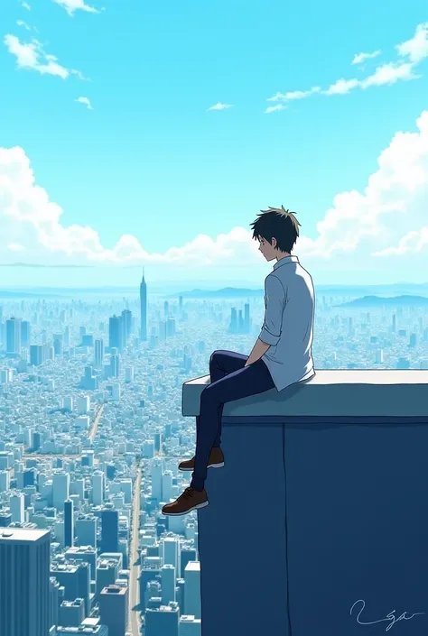 Happy A quiet rooftop view of a bustling city
 anime style japan