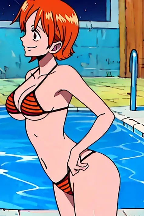 nami, 1girl, solo, breasts, smile, short_hair, large_breasts, brown_eyes, medium_breasts, closed_mouth, swimsuit, mini bikini(red), orange_hair, night, pool, whole body, sexy pose, standing,