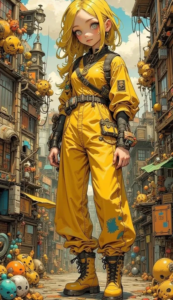 High Quality TeXtures、high image quality、Top Quality、eXhaustive、 Tim Burton style、It depicts a young woman、yellow hair、yellow jumpsuit、Dr. Martens in yellow、