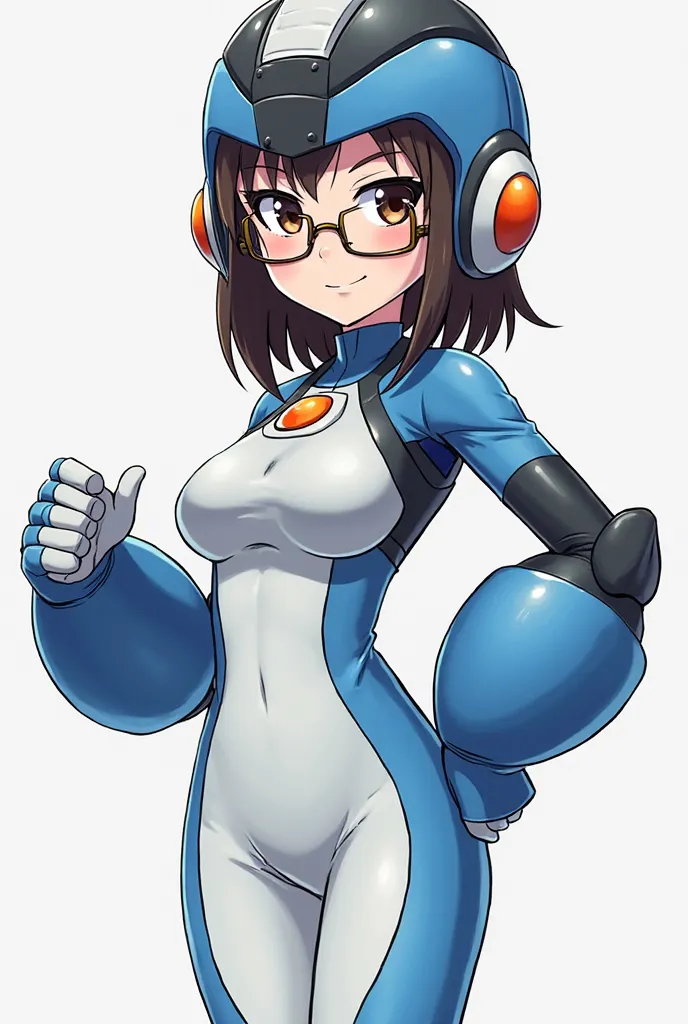 My hero academia art style. Petite with straight dark brown hair that goes a little past shoulders. No bangs, middle part. metal brown round glasses. Brown eyes Hero outfit is form fitting with the colors light blue and white. Large blue gauntlets like Meg...