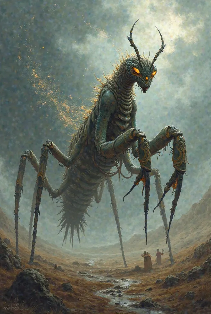 Create an image of an epic fusion between a praying mantis and a scorpion