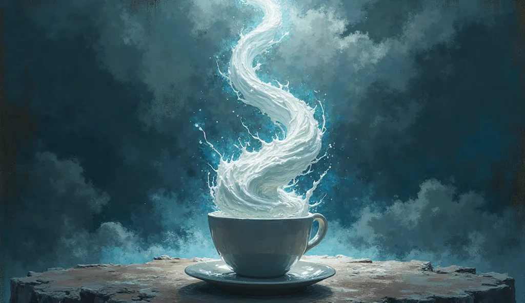 rotate upward, to form a tornado shape drawn into the dark sky, Painting with light and shadow motifs The garland foam swirls in the cup.