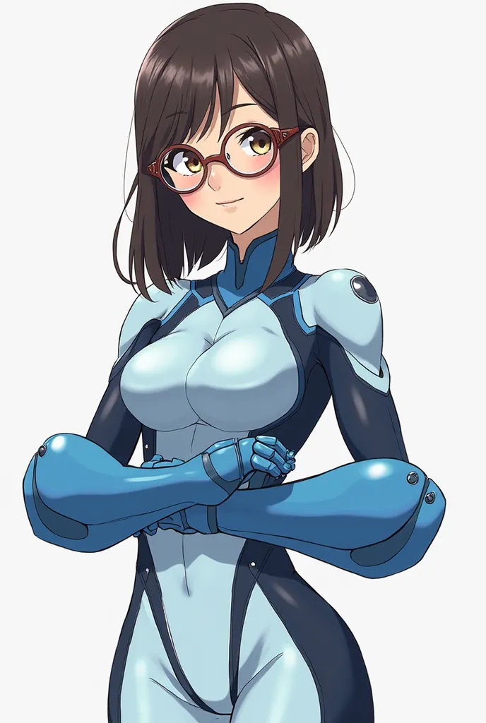 My hero academia art style. Petite with straight dark brown hair that goes a little past shoulders. No bangs, middle part. metal brown round glasses. Brown eyes Hero outfit is form fitting with the colors light blue and white. Large blue gauntlets like Meg...