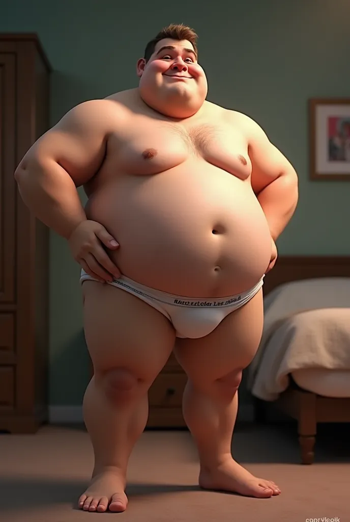 Create an image of a chubby man in his underwear standing 