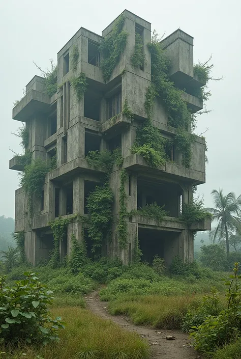 Create a building in a brutalist architectural style, It must be a majestic work, The passage of time has allowed plants to take over it. In the background we have an abandoned land, as if humanity had ended, Just live the building and nature